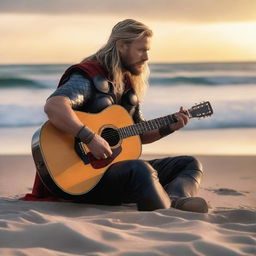 Thor, the Norse god of thunder, playing an acoustic guitar on a serene beach at sunset.