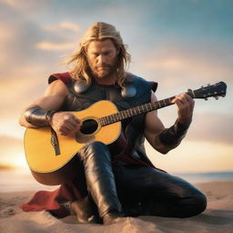 Thor, the Norse god of thunder, playing an acoustic guitar on a serene beach at sunset.