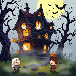 A whimsical cartoon-style scene of a creepy horror house, featuring exaggerated spooky elements such as crooked walls, gnarled trees, and eerie shadows