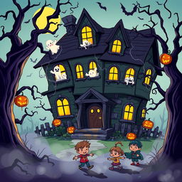 A whimsical cartoon-style scene of a creepy horror house, featuring exaggerated spooky elements such as crooked walls, gnarled trees, and eerie shadows