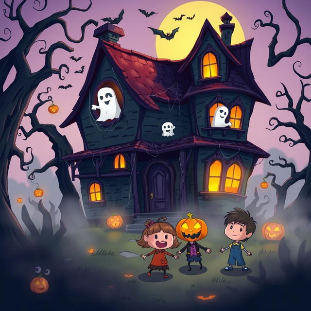 A whimsical cartoon-style scene of a creepy horror house, featuring exaggerated spooky elements such as crooked walls, gnarled trees, and eerie shadows