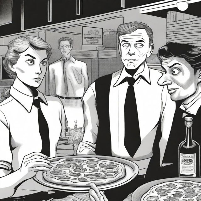 A detective story in a dark, black and white graphic novel style reminiscent of Charles Burns, featuring three pizza makers as main characters