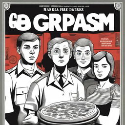 A detective story in a dark, black and white graphic novel style reminiscent of Charles Burns, featuring three pizza makers as main characters