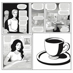 A dark, black and white graphic novel storyboard with three panels, in the style of Charles Burns, telling a story about coffee