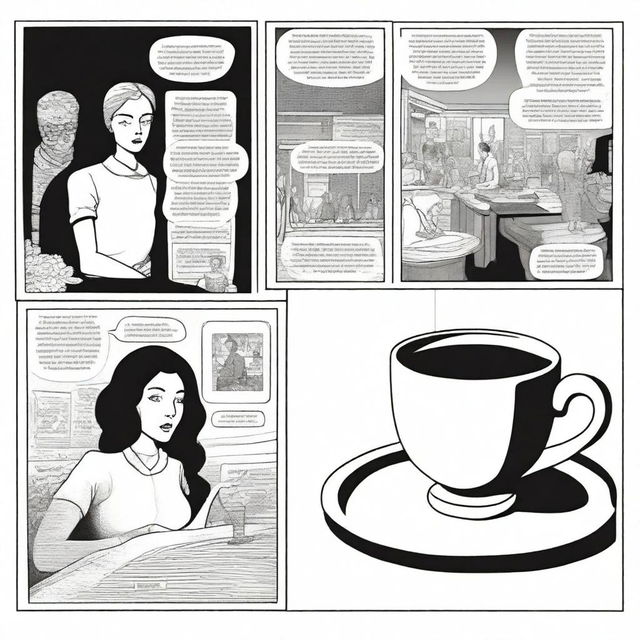 A dark, black and white graphic novel storyboard with three panels, in the style of Charles Burns, telling a story about coffee