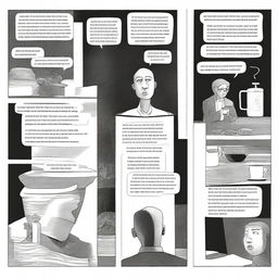 A dark, black and white graphic novel storyboard with three panels, in the style of Charles Burns, telling a story about coffee