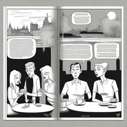 A dark, black and white graphic novel storyboard with three panels, in the style of Charles Burns, telling a story about coffee