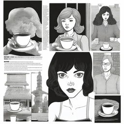 A dark, black and white graphic novel storyboard with three panels, in the style of Charles Burns, telling a story about coffee