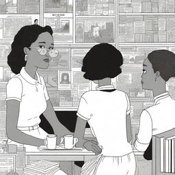 A complex, black and white graphic novel page in the style of Chris Ware, filled with multiple interconnected stories, centering around a coffee-focused narrative with three mixed-race female friends