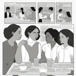 A complex, black and white graphic novel page in the style of Chris Ware, filled with multiple interconnected stories, centering around a coffee-focused narrative with three mixed-race female friends