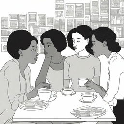 A complex, black and white graphic novel page in the style of Chris Ware, filled with multiple interconnected stories, centering around a coffee-focused narrative with three mixed-race female friends