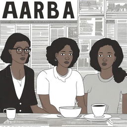 A complex, black and white graphic novel page in the style of Chris Ware, filled with multiple interconnected stories, centering around a coffee-focused narrative with three mixed-race female friends