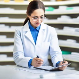 An efficient pharmacist meticulously auditing prescriptions at a modern pharmacy