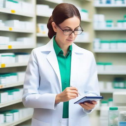 An efficient pharmacist meticulously auditing prescriptions at a modern pharmacy