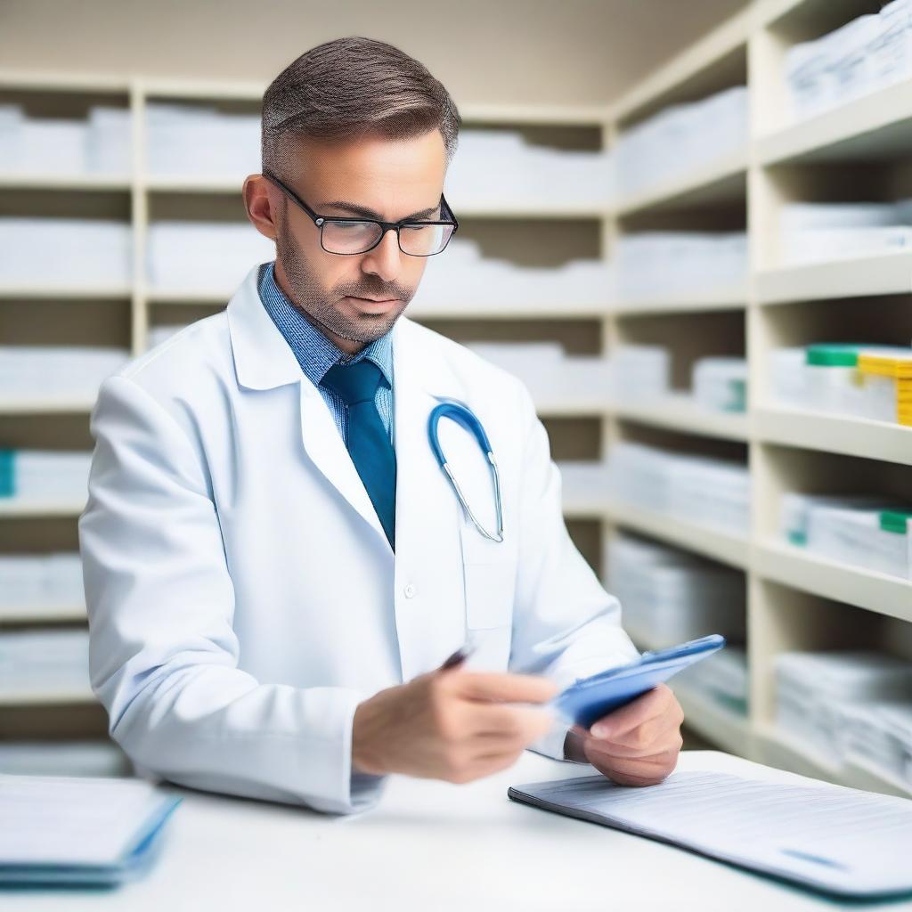 An efficient pharmacist meticulously auditing prescriptions at a modern pharmacy