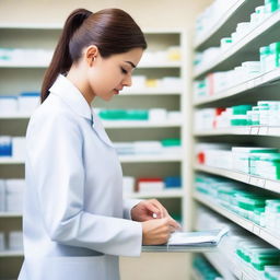 An efficient pharmacist meticulously auditing prescriptions at a modern pharmacy