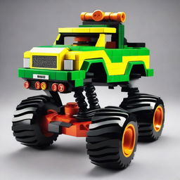 A robust monster truck meticulously built from vibrant assorted Lego bricks, complete with oversized Lego tires and a playful Lego driver at the helm