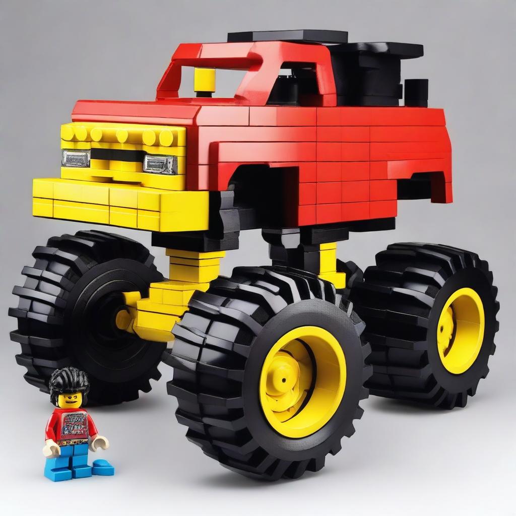 A robust monster truck meticulously built from vibrant assorted Lego bricks, complete with oversized Lego tires and a playful Lego driver at the helm