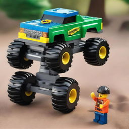 A robust monster truck meticulously built from vibrant assorted Lego bricks, complete with oversized Lego tires and a playful Lego driver at the helm