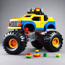 A robust monster truck meticulously built from vibrant assorted Lego bricks, complete with oversized Lego tires and a playful Lego driver at the helm