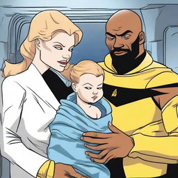 Seven of Nine from Star Trek and Worf's newborn baby, swaddled in a futuristic blanket, held tenderly by Seven, with their father Worf looking on with pride