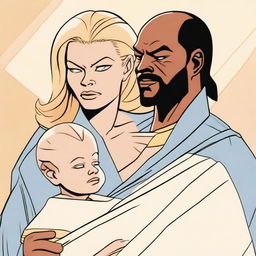 Seven of Nine from Star Trek and Worf's newborn baby, swaddled in a futuristic blanket, held tenderly by Seven, with their father Worf looking on with pride