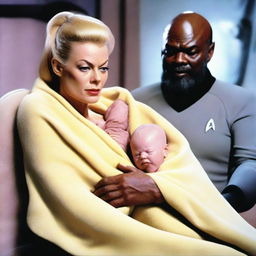 Seven of Nine from Star Trek and Worf's newborn baby, swaddled in a futuristic blanket, held tenderly by Seven, with their father Worf looking on with pride