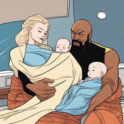 Seven of Nine from Star Trek and Worf's newborn baby, swaddled in a futuristic blanket, held tenderly by Seven, with their father Worf looking on with pride