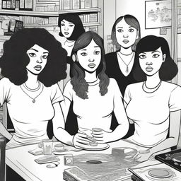 A detailed, black and white graphic novel page, in the style of Charles Burns, about a spilled coffee incident in an apartment