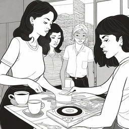 A detailed, black and white graphic novel page, in the style of Charles Burns, about a spilled coffee incident in an apartment