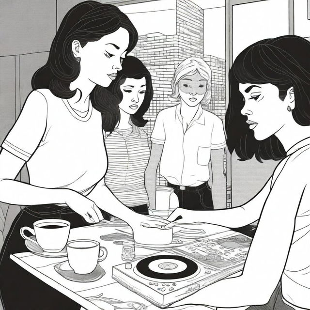 A detailed, black and white graphic novel page, in the style of Charles Burns, about a spilled coffee incident in an apartment