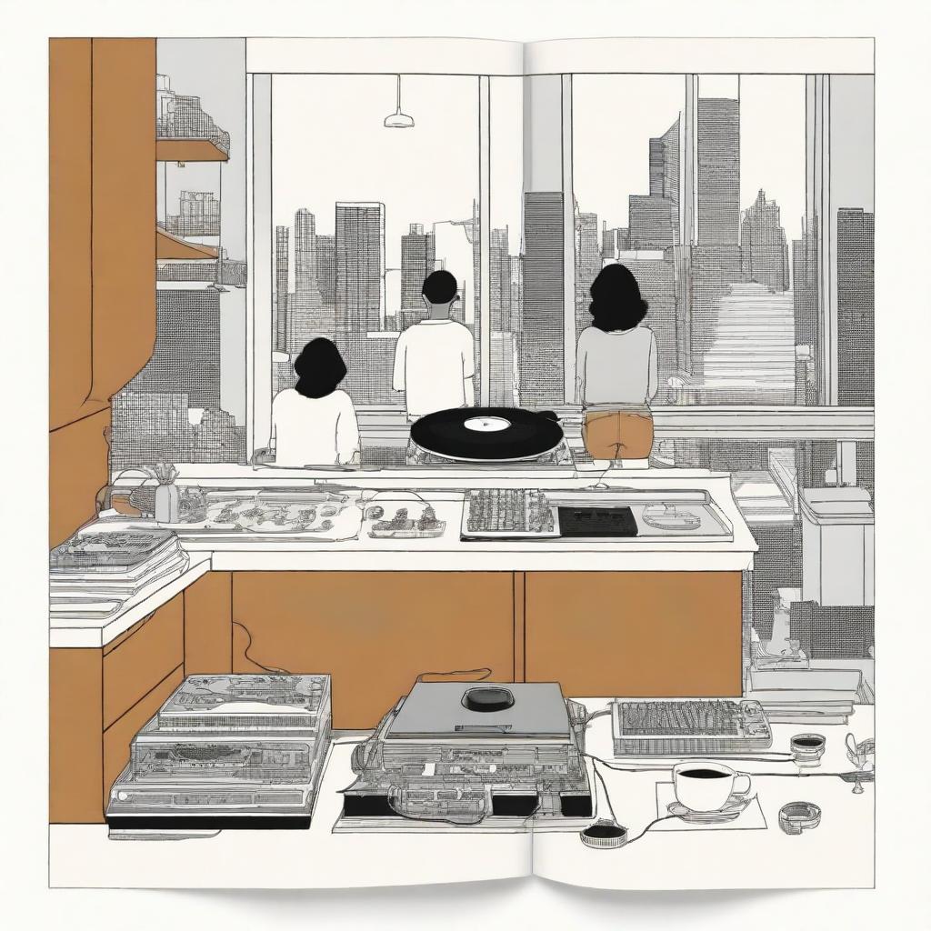 A intricate graphic novel page in the style of Chris Ware, showcasing a spilled coffee story in an apartment lived in by three diverse female DJ roommates