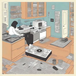 A intricate graphic novel page in the style of Chris Ware, showcasing a spilled coffee story in an apartment lived in by three diverse female DJ roommates