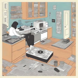 A intricate graphic novel page in the style of Chris Ware, showcasing a spilled coffee story in an apartment lived in by three diverse female DJ roommates