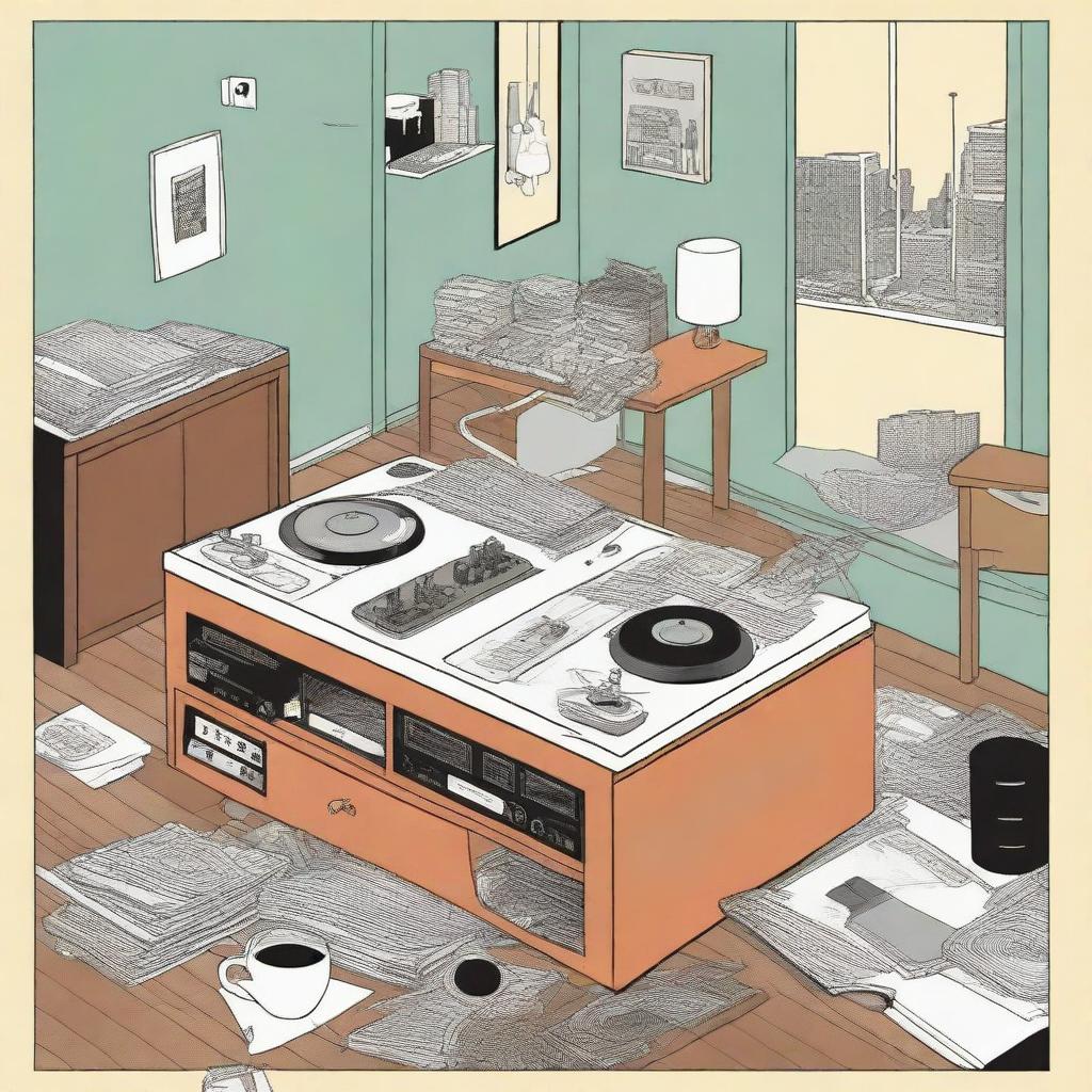 A intricate graphic novel page in the style of Chris Ware, showcasing a spilled coffee story in an apartment lived in by three diverse female DJ roommates