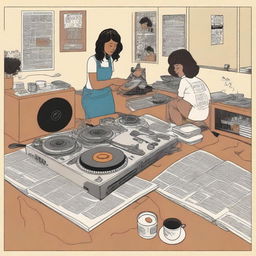 A intricate graphic novel page in the style of Chris Ware, showcasing a spilled coffee story in an apartment lived in by three diverse female DJ roommates