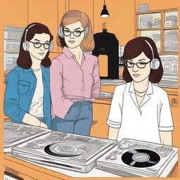 A multifaceted graphic novel page in the style of Daniel Clowes, detailing a spilled coffee story in an apartment with three diverse female DJ roommates