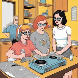 A multifaceted graphic novel page in the style of Daniel Clowes, detailing a spilled coffee story in an apartment with three diverse female DJ roommates