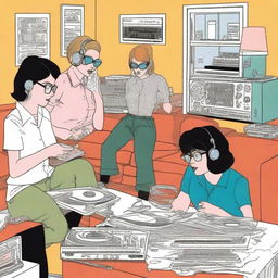 A multifaceted graphic novel page in the style of Daniel Clowes, detailing a spilled coffee story in an apartment with three diverse female DJ roommates