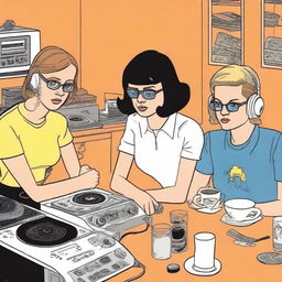 A multifaceted graphic novel page in the style of Daniel Clowes, detailing a spilled coffee story in an apartment with three diverse female DJ roommates