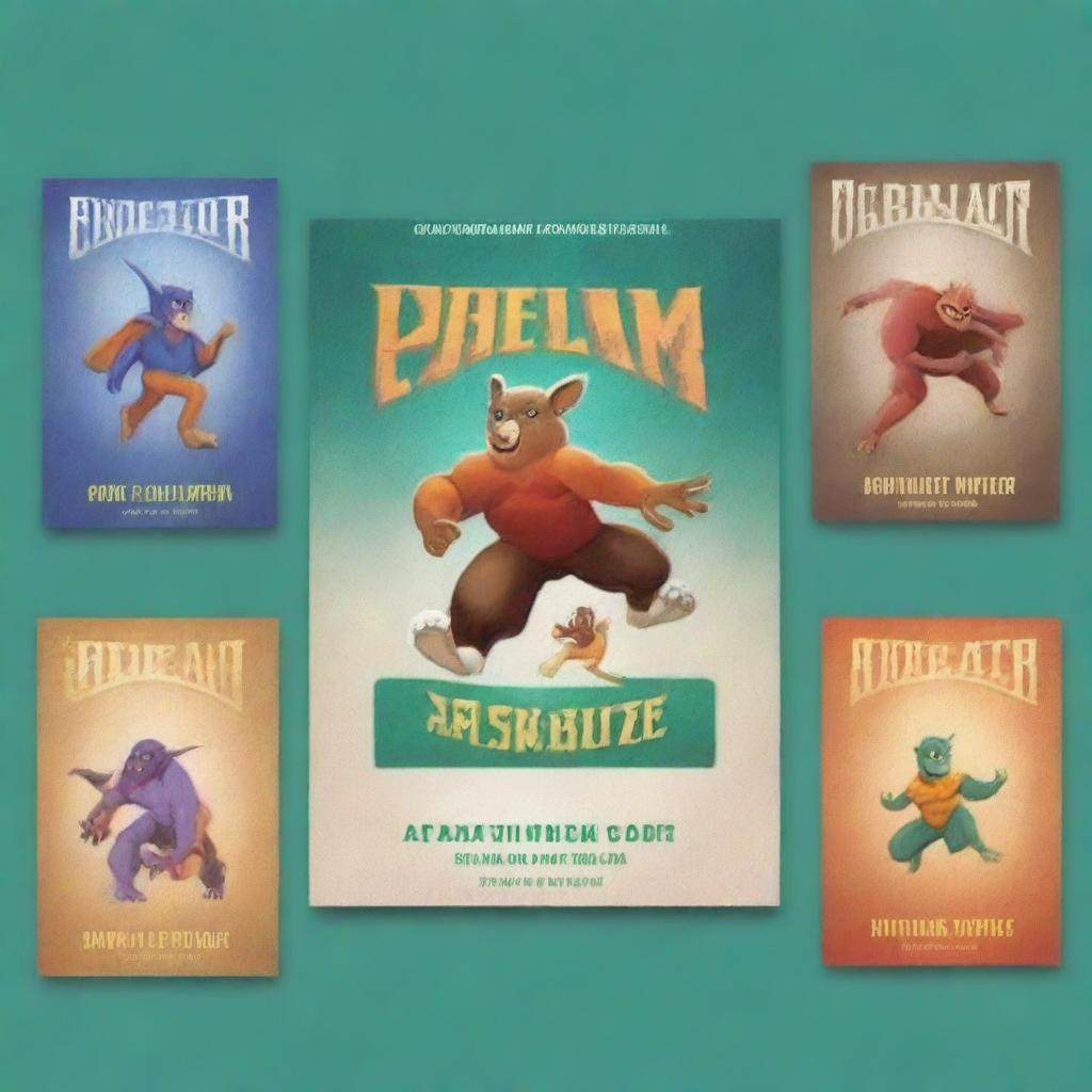 Create an image for a card game packaging featuring various animals equipped with unique super powers, presented in a dynamic and exhilarating fashion