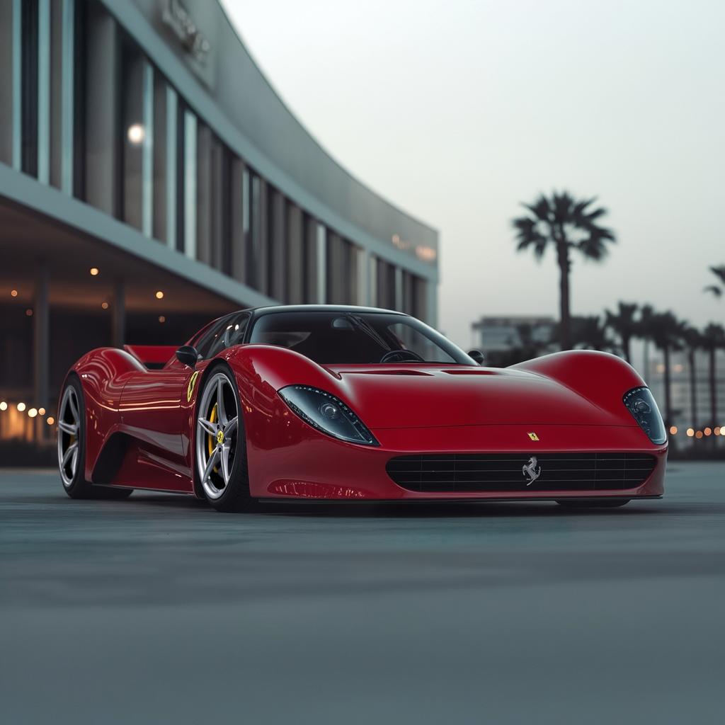 A stunning red Ferrari sports car, sleek and aerodynamic, parked outside a modern building with a beautiful sunset in the background