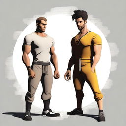 Generate an epic image portraying a face-off between two characters named Spencer and Sahil, each displaying their unique attributes and strengths