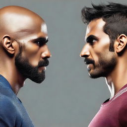 Generate an epic image portraying a face-off between two characters named Spencer and Sahil, each displaying their unique attributes and strengths