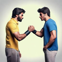 Generate an epic image portraying a face-off between two characters named Spencer and Sahil, each displaying their unique attributes and strengths