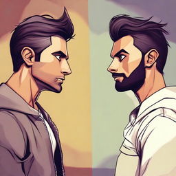 Generate an epic image portraying a face-off between two characters named Spencer and Sahil, each displaying their unique attributes and strengths