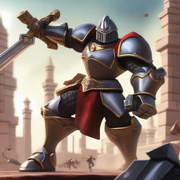 Create an action-packed image of a character named Sahil fearlessly fighting against a large and formidable Mega Knight.