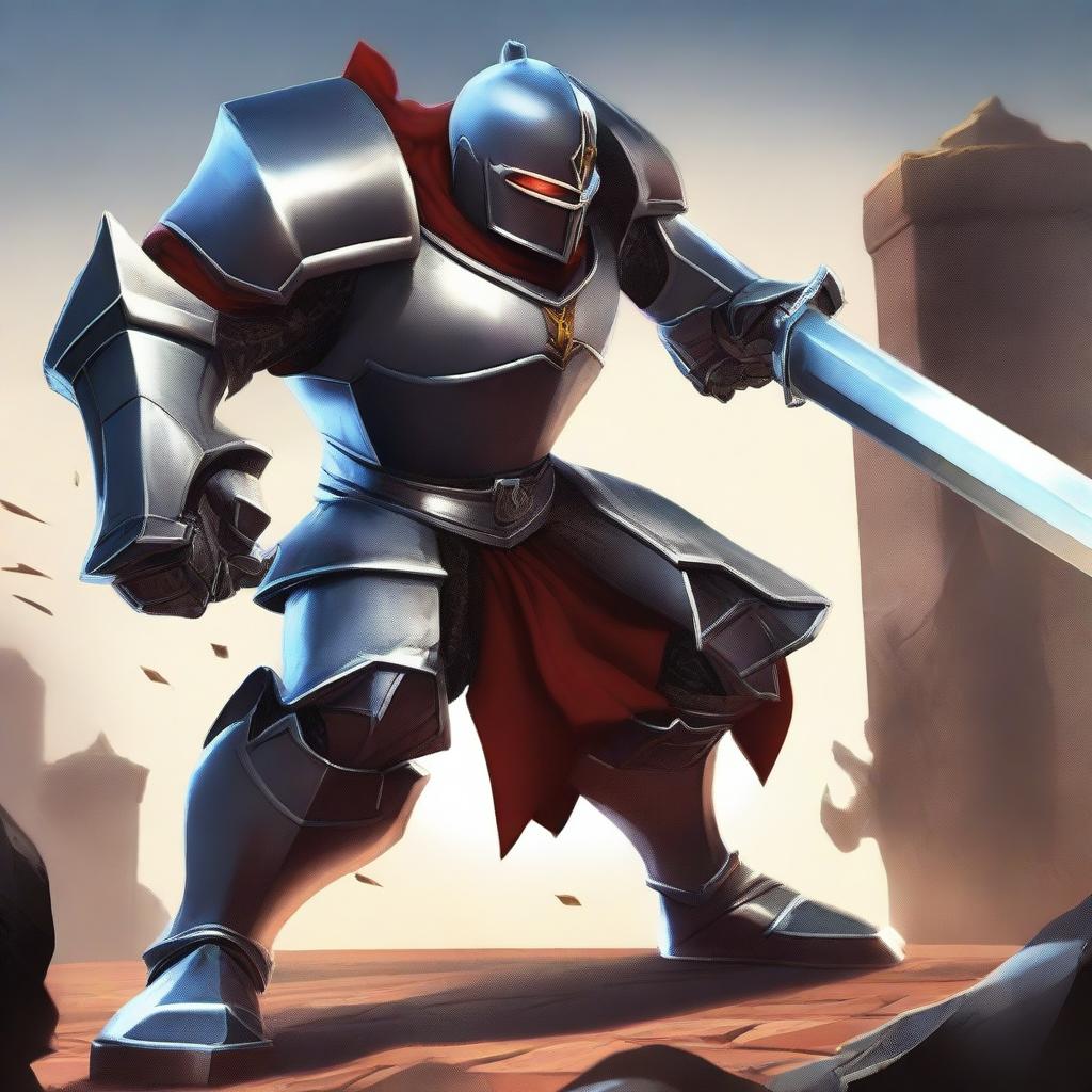 Create an action-packed image of a character named Sahil fearlessly fighting against a large and formidable Mega Knight.