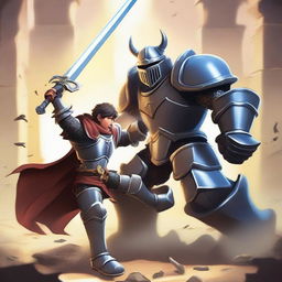 Create an action-packed image of a character named Sahil fearlessly fighting against a large and formidable Mega Knight.