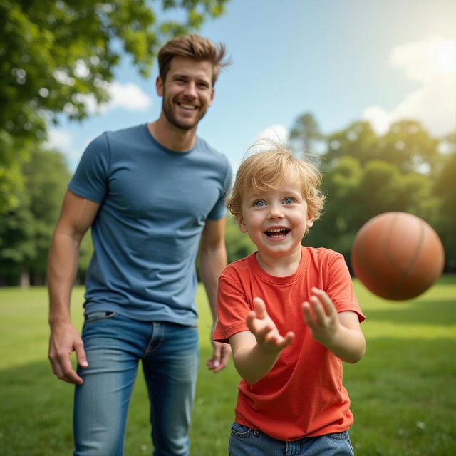 A heartwarming scene of a father and son engaging in a fun outdoor activity together